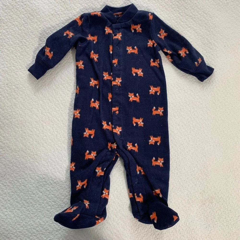 5/$25 Carter's 3M‎ Navy Blue Orange Fox Fleece Footed Pajamas Snap Front Sleeper